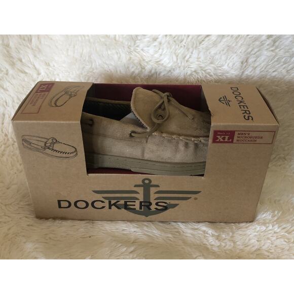 Dockers Microsuede Moccasin Slippers, Rubber Sole Tan Men’s Size 13 New In Box - Picture 1 of 8